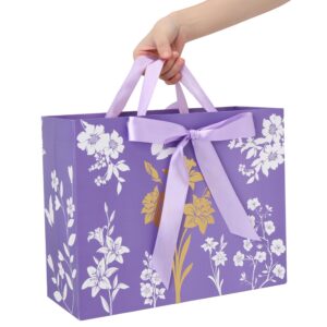 13" Large Purple Gift Bag Set with Greeting Card and Lavender Tissue Papers (Gold Foil Tree) for Women's Birthday Party, Mother's Day, Wedding, Girls