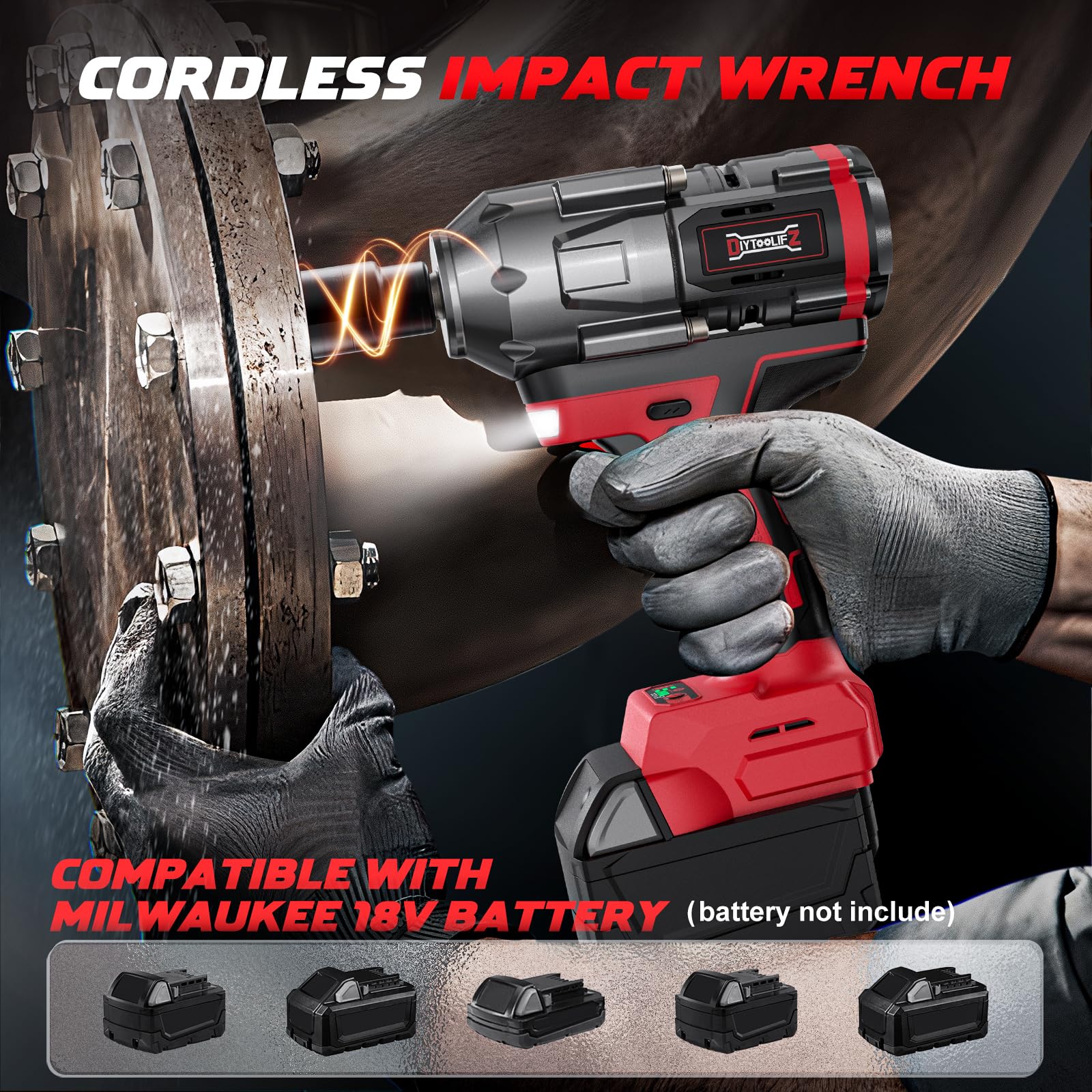 Cordless Impact Wrench 1/2 inch for Milwaukee M18 Battery, 900Ft-lbs(1200N.m) High Torque Brushless Electric Impact Wrench Gun, Power Impact Driver with 4-Mode Speed, LED Work Light(no battery)