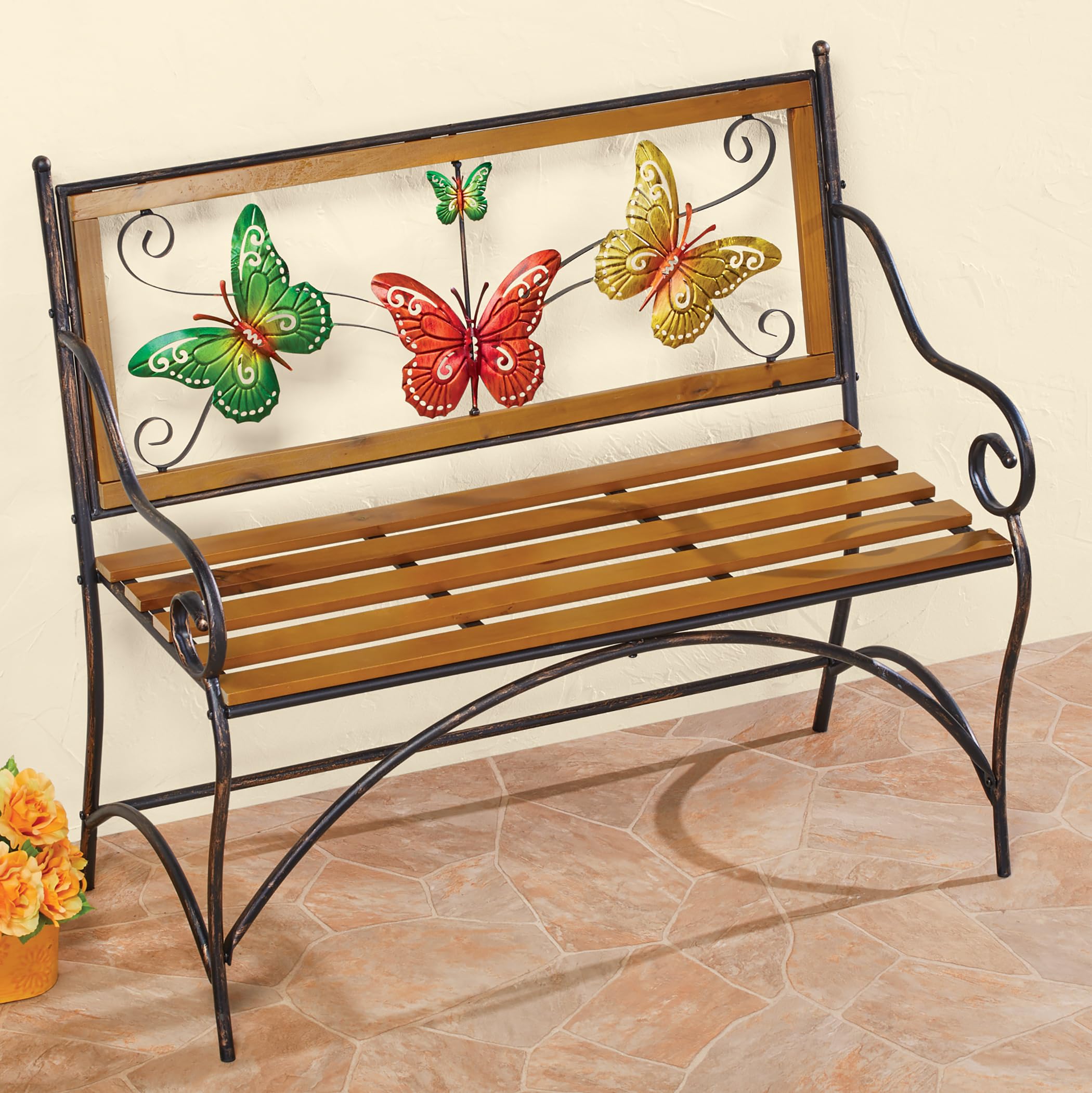 Collections Etc Scrolling Butterflies Metal & Wooden Garden Bench