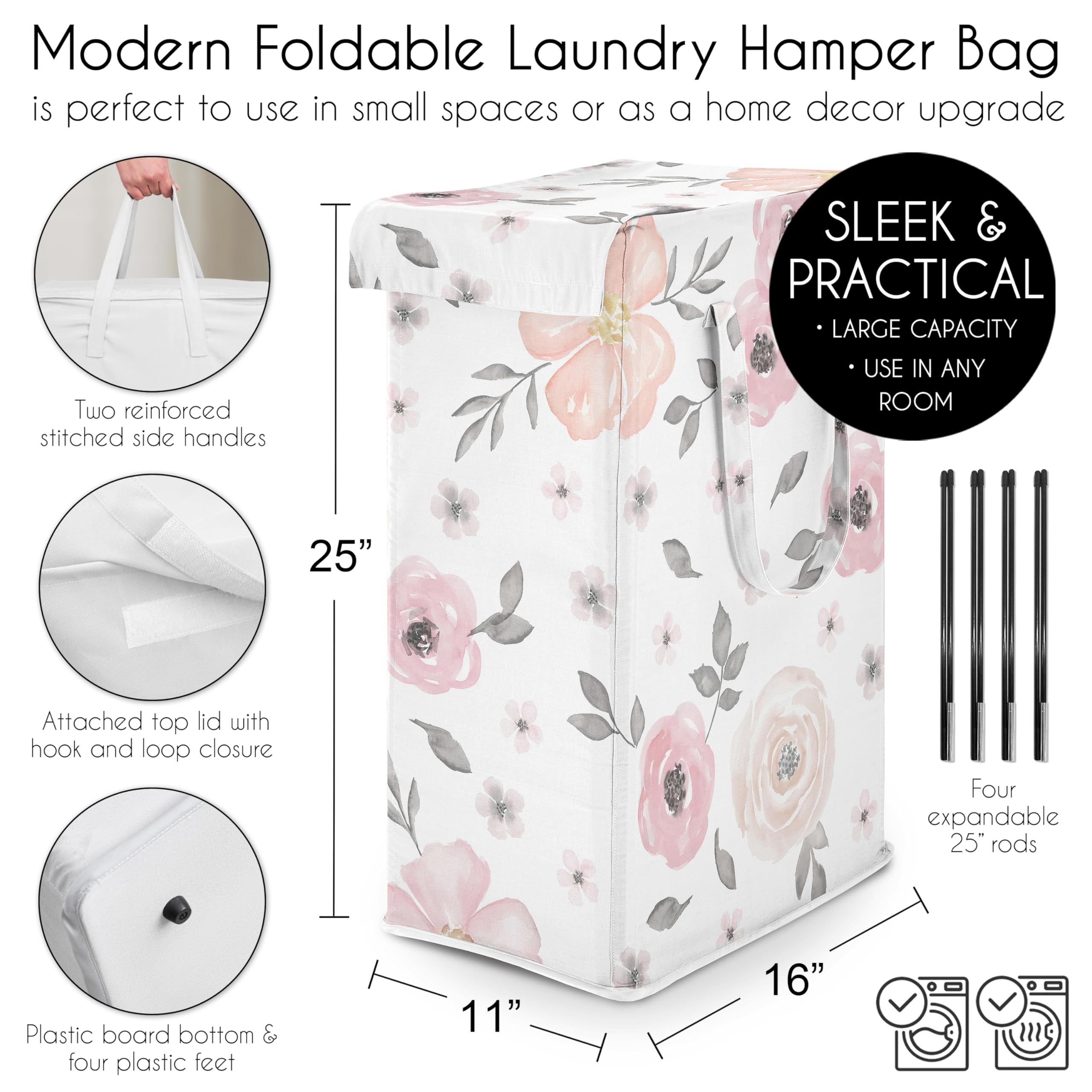 Sweet Jojo Designs Blush Pink Grey Boho Floral Girl Laundry Hamper Foldable Dirty Clothes Basket with Handles Baby Nursery Kids Bedroom Teen Bathroom Bohemian Farmhouse Shabby Chic Watercolor White