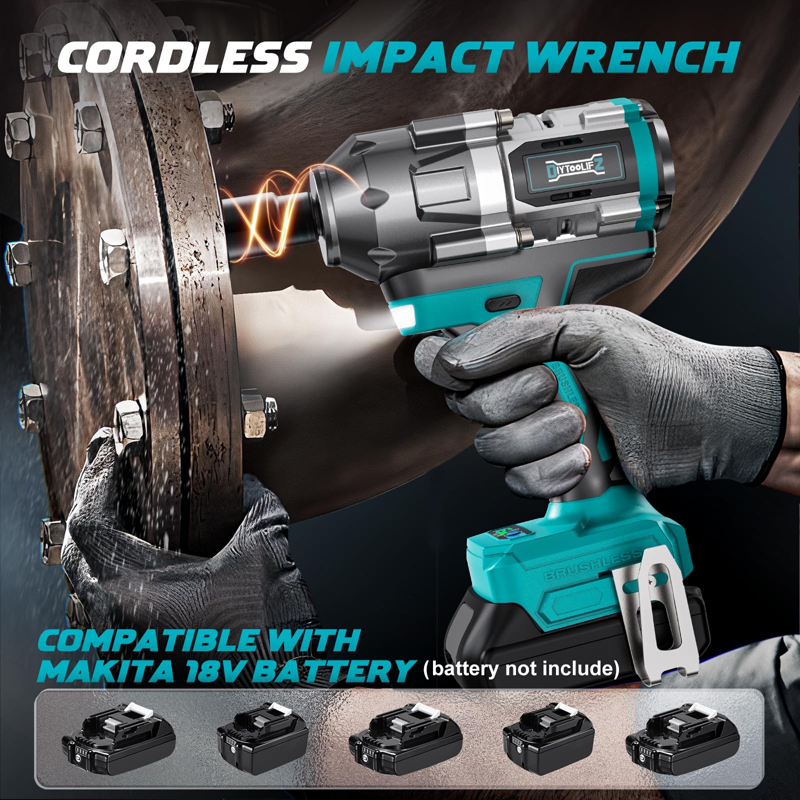 Cordless Impact Wrench 1/2 inch for Makita 18V Battery, 900Ft-lbs(1200N. m) Brushless Electric Power Impact Driver Gun Tool, 2100RPM High Torque Impact Wrench with LED Work Light (No Battery)