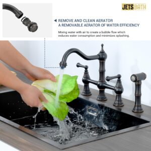 JetsBath Oil Rubbed Bronze Brass Bridge Kitchen Faucet with Side Sprayer, Deck Mount Kitchen Sink Faucet with 2 Handle, 8” Centerset Kitchen Faucets for Sink 4 Hole, Swiveling Spout Kitchen Faucet