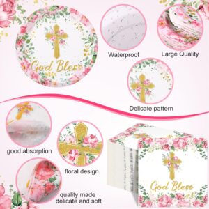 Yungyan 194 Pcs Baptism Plates and Napkins Tablecloth Cups Baptism Decorations Cross Disposable Holy Communion Set for Wedding Newborn Religious First Holy Communion Party Supplies