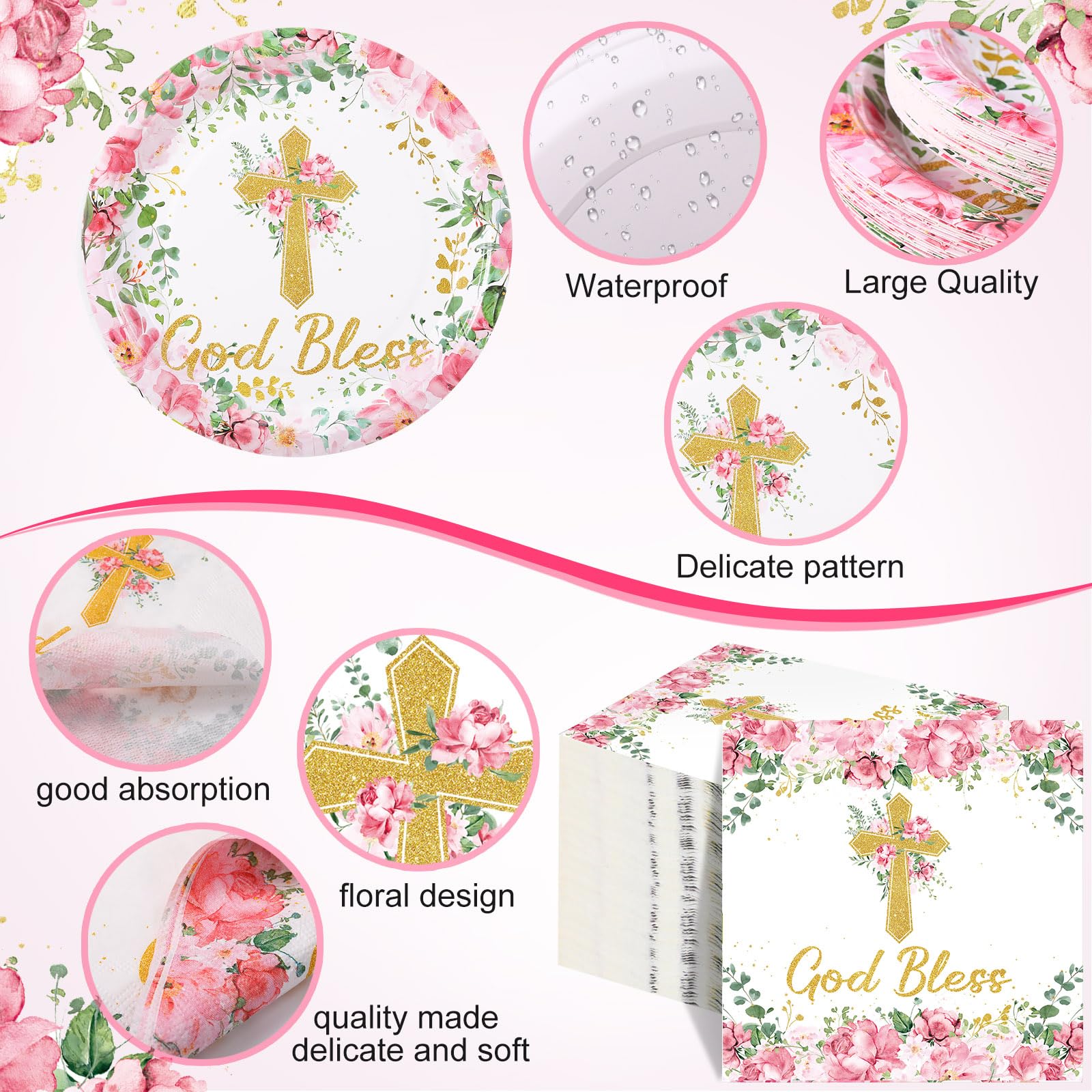 Yungyan 194 Pcs Baptism Plates and Napkins Tablecloth Cups Baptism Decorations Cross Disposable Holy Communion Set for Wedding Newborn Religious First Holy Communion Party Supplies