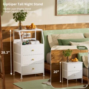 GipGiper White Nightstand with 3 Fabric Storage Drawers, Small Dresser for Bedroom, Entryway, Hallway, College Dorm Furniture Bedside End Table Table Closet Organizer