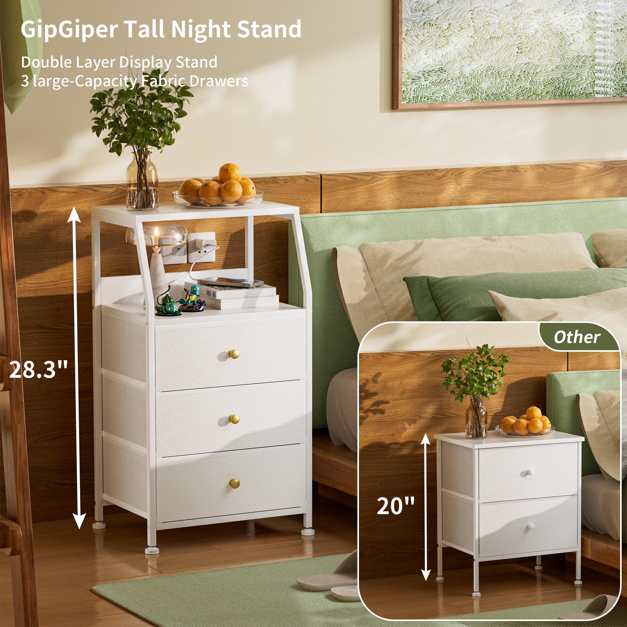 GipGiper White Nightstand with 3 Fabric Storage Drawers, Small Dresser for Bedroom, Entryway, Hallway, College Dorm Furniture Bedside End Table Table Closet Organizer