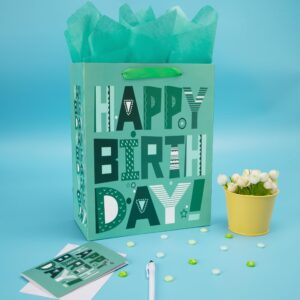 16.5" Extra Large Green Gift Bags Set with Greeting Card and Tissue Papers (Cartoon Happy Birthday) for Men's or Women's Birthday Party, Boys', Girls', or Kids' Party, Baby Shower, Baby Boy or Girl -