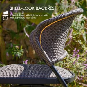 VICLLAX Patio Bar Stool Chairs with Footrests and Padded Seat, Bar Height Swivel Patio Chairs Set of 2, Brown Woven Wicker Swivel Bar Stools for Lawn Garden