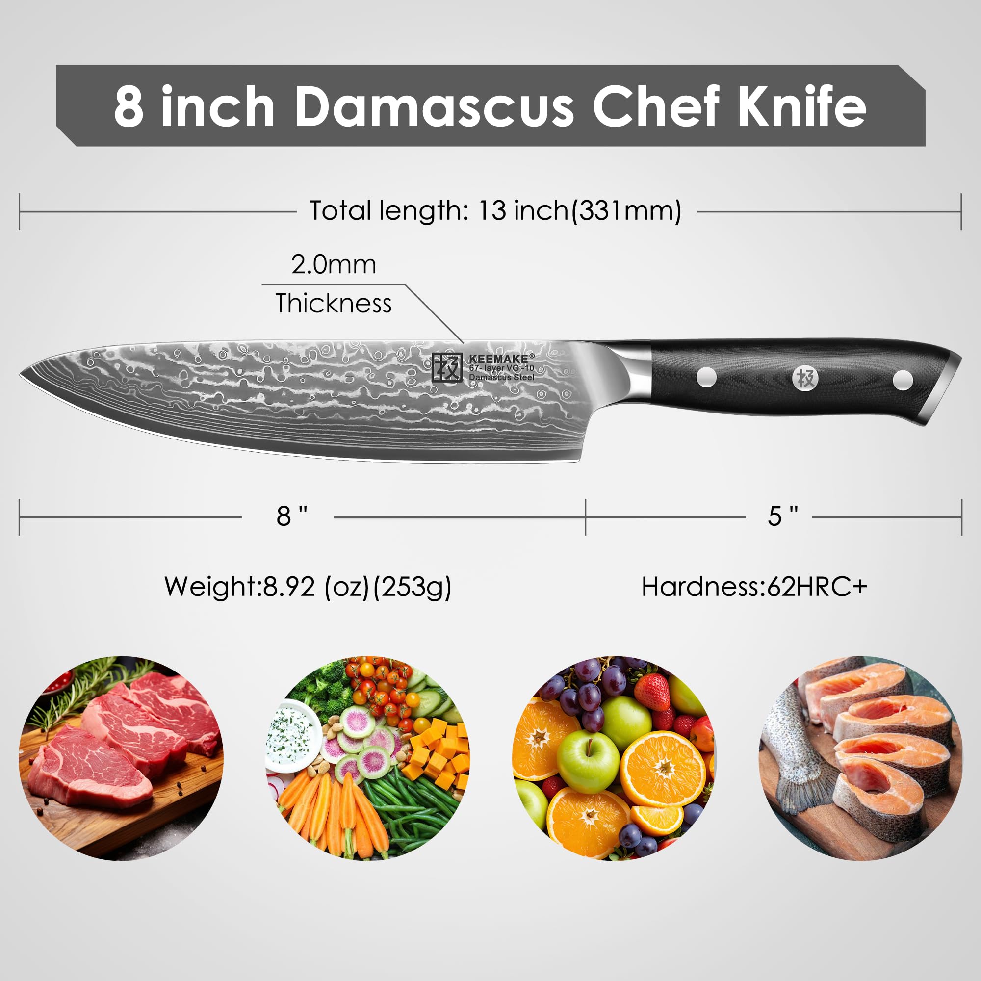 KEEMAKE Chef Knife, 8 Inch Damascus Kitchen Knife, 67 Layers Damascus Steel Knife Japanese VG10 Core, Razor Sharp Chefs Knife with Ergonomic G10 Handle, Cooking Knife for Meat Vegetable