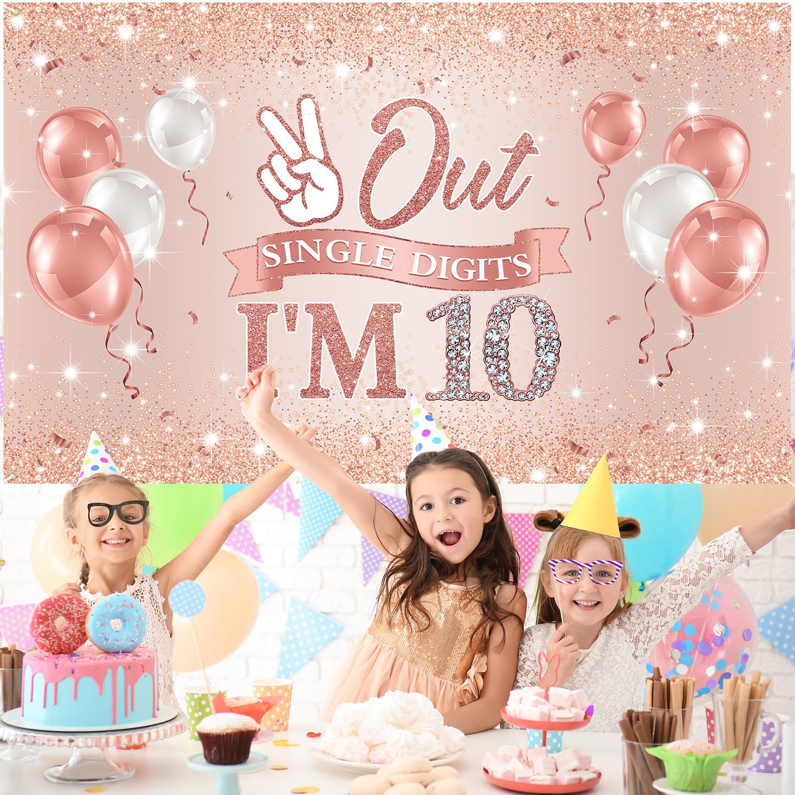 Holkcog Rose Gold Happy 10th Birthday Party Banner Backdrop for 10-Year-Old Girls Double Digits Birthday Girl "I'm 10" Bday Banner Rose Gold 10th Birthday Photo Background 10th Party Decorations supply