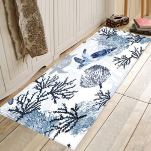 Coastal Beach Runner Rug for Hallway 2x6 Decorative Coral Sea Turtle Hallway Rugs Nautical Throw Rug Navy Blue Area Rug Non-Slip Floor Carpet for Bedroom Living Room Entrance Door Mat Washable Rug