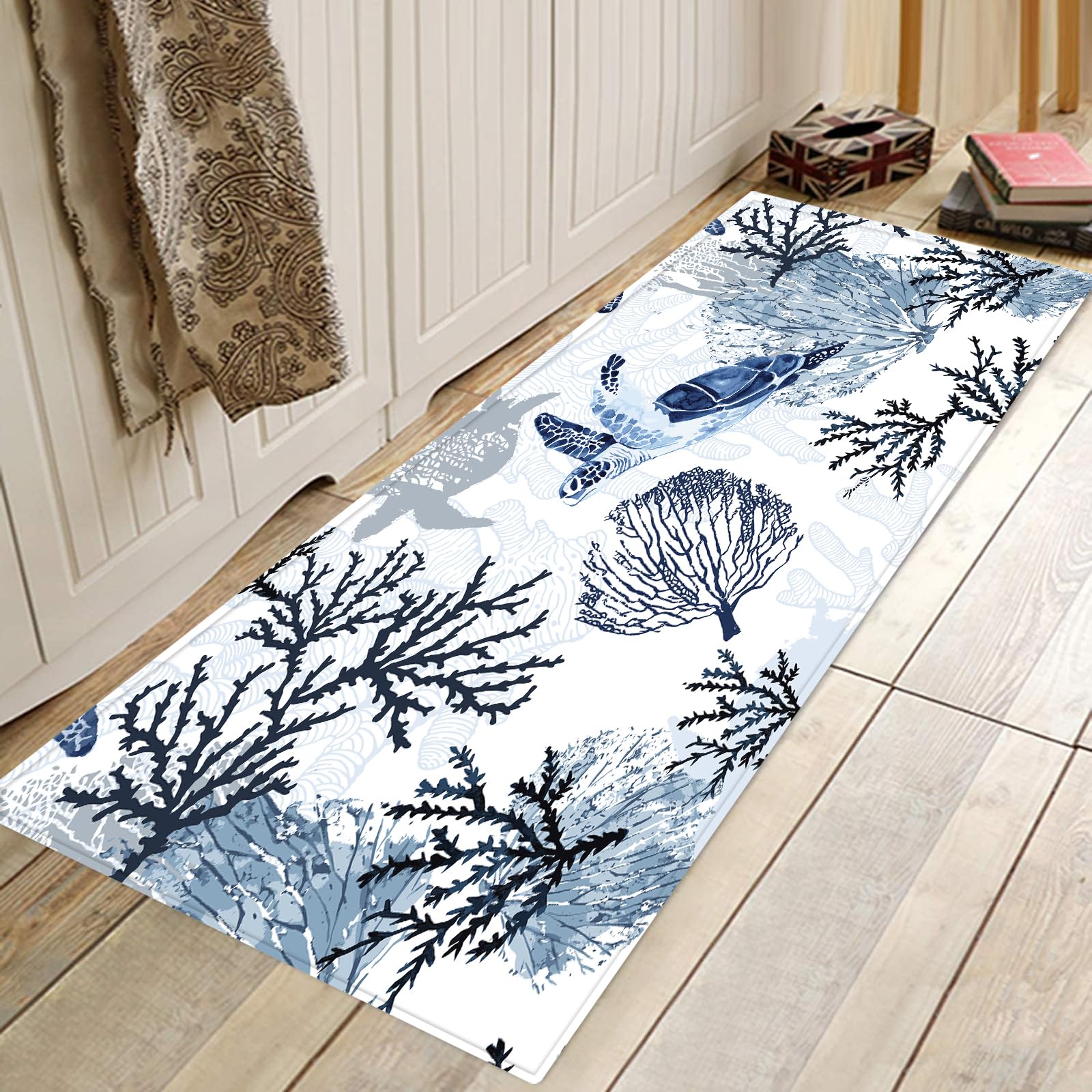 Coastal Beach Runner Rug for Hallway 2x6 Decorative Coral Sea Turtle Hallway Rugs Nautical Throw Rug Navy Blue Area Rug Non-Slip Floor Carpet for Bedroom Living Room Entrance Door Mat Washable Rug