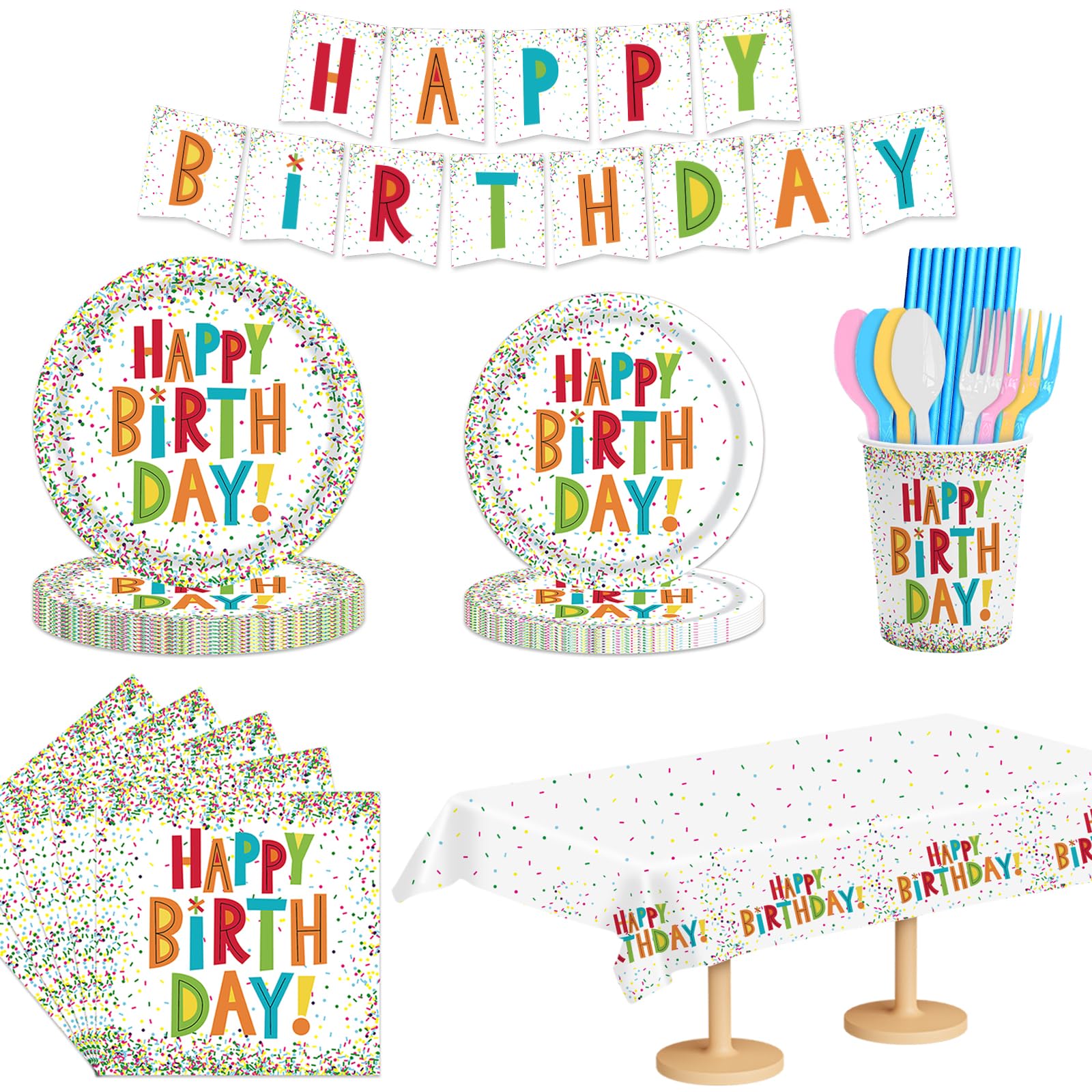 TeeFity 170 Pcs Confetti Birthday Party Tableware Set, Party Table Colorful Supplies Include Disposable Paper Plates, Napkins, Cups, Straws, Tablecloth, Banner and Forks Spoons for 24 Guests