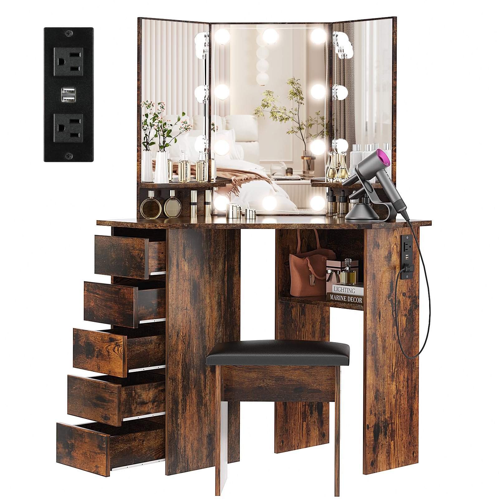 VOWNER Vanity with Lights - Makeup Vanity Desk with Power Outlet, 3 Color Lighting Options Brightness Adjustable, Vanity Table with 5 Sliding Drawers, Shelves and Stool for Bedroom, Rustic