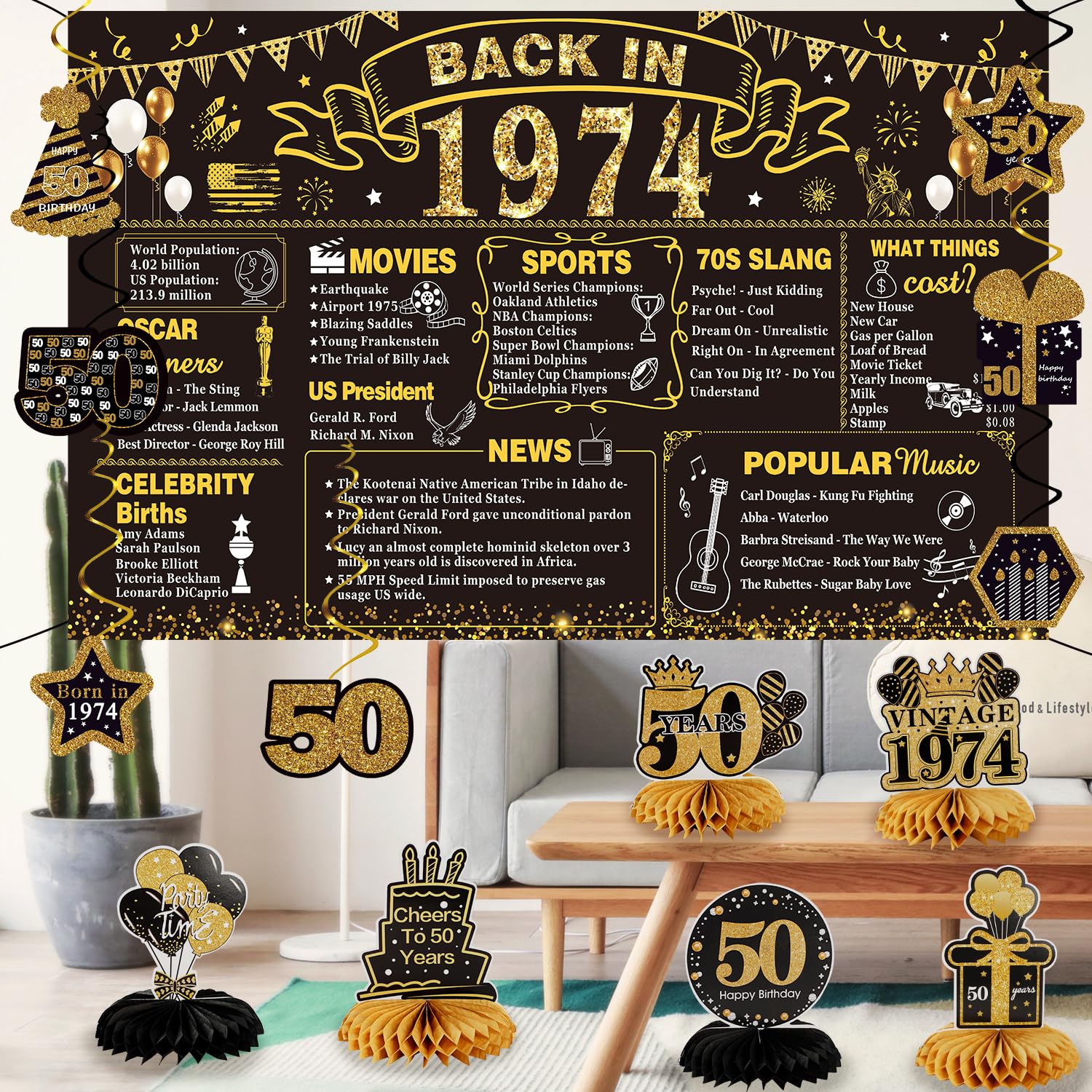 50th Birthday Decorations for Men Women,27PCS 1974 Banner Decorations,Including 1974 Banner,9 Honeycomb Topper,50 Balloons,Anniversary Card,Cheers to 50 Years Banner,7 Hanging Swirl,6 Paper Poms,Sash