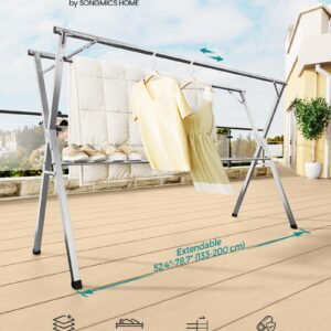 SONGMICS Clothes Drying Rack, Heavy-Duty Laundry Drying Rack, 52.4-78.7 Inches Extendable, Foldable Freestanding Airer, Stainless Steel, for Indoor Outdoor Use, Dove Gray ULLR902E01