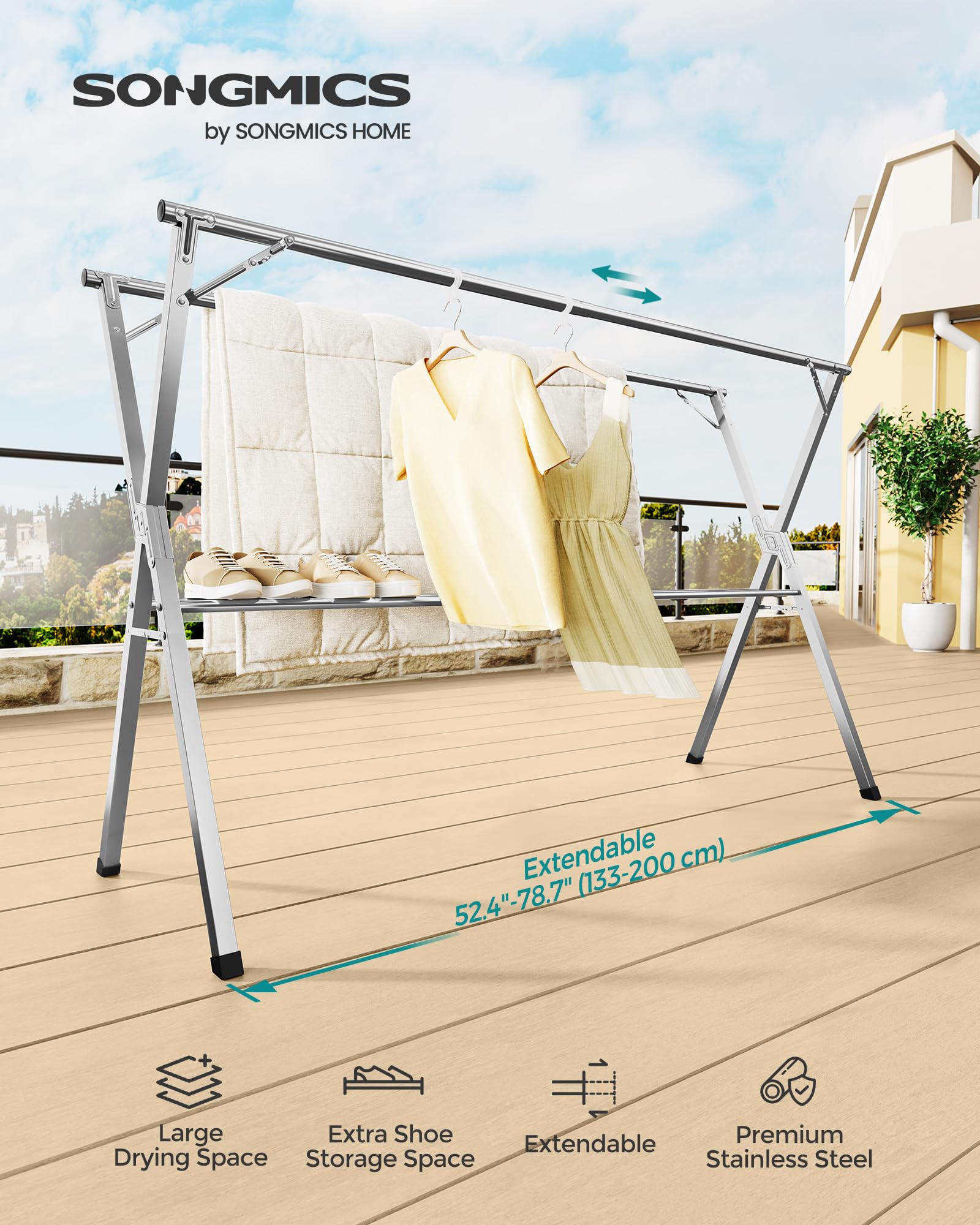 SONGMICS Clothes Drying Rack, Heavy-Duty Laundry Drying Rack, 52.4-78.7 Inches Extendable, Foldable Freestanding Airer, Stainless Steel, for Indoor Outdoor Use, Dove Gray ULLR902E01