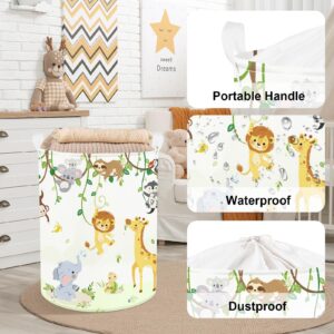 Clastyle 45L Vine Woodland Animal Hamper for Boy Girl Elephant Giraffe Lion White Round Toy Clothes Storage Basket for Nursery Room