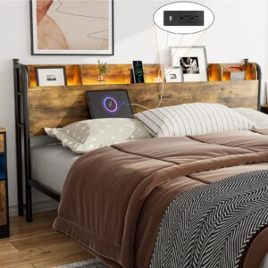 ikifly king size storage headboard with charging station & led lights, headboard for king size bed frame, industrial king headboard only with storage for bedroom, attach frame, rustic brown