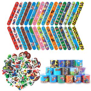 hhmjzw 32pcs mario bros slap bracelet toys and 50 pcs cartoon mario bros party stickers carnival prizes - for kids boys & girls birthday party supplies favors