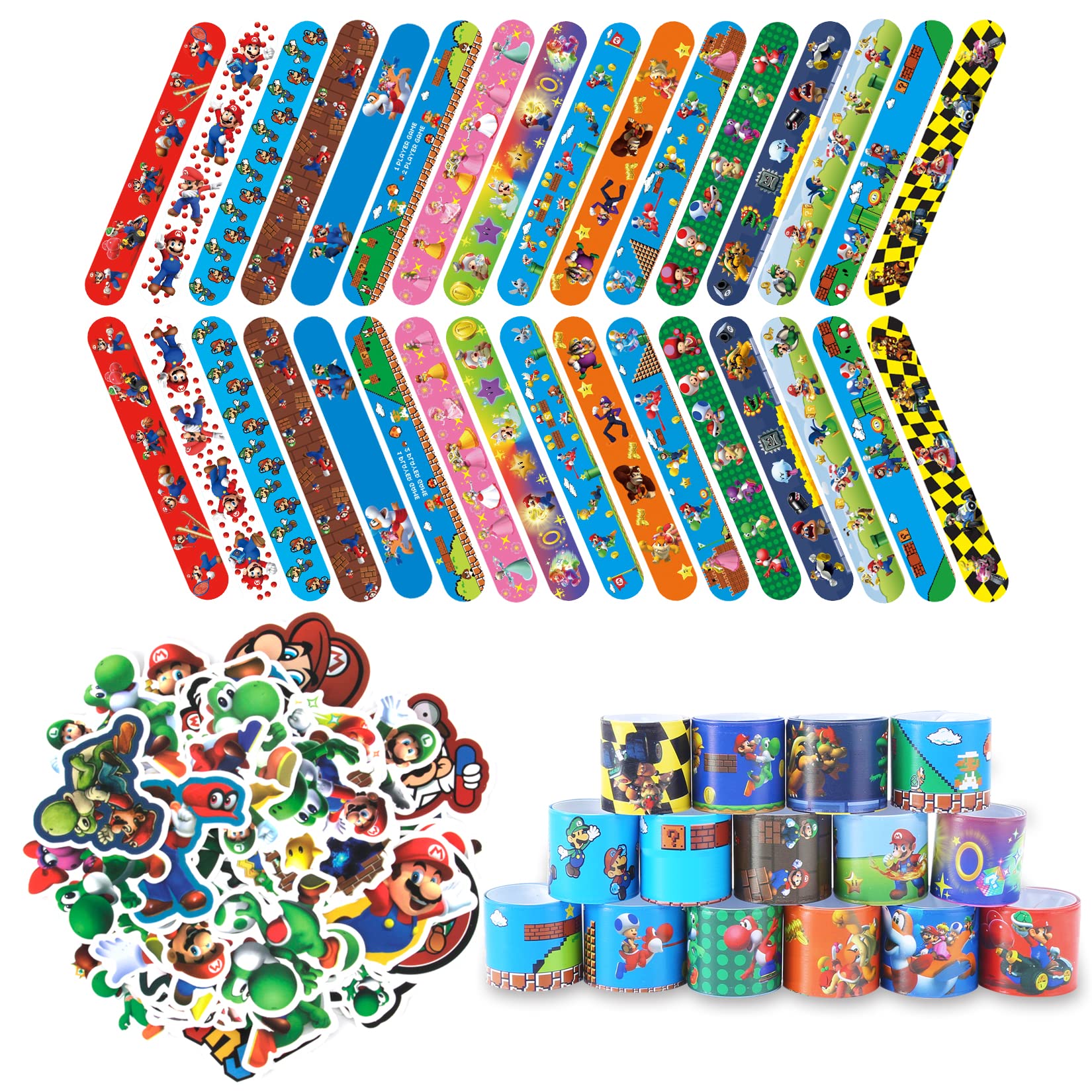 HHMJZW 32PCS Mario Bros Slap Bracelet Toys and 50 PCS cartoon Mario Bros party stickers carnival prizes - for Kids Boys & Girls Birthday Party Supplies Favors