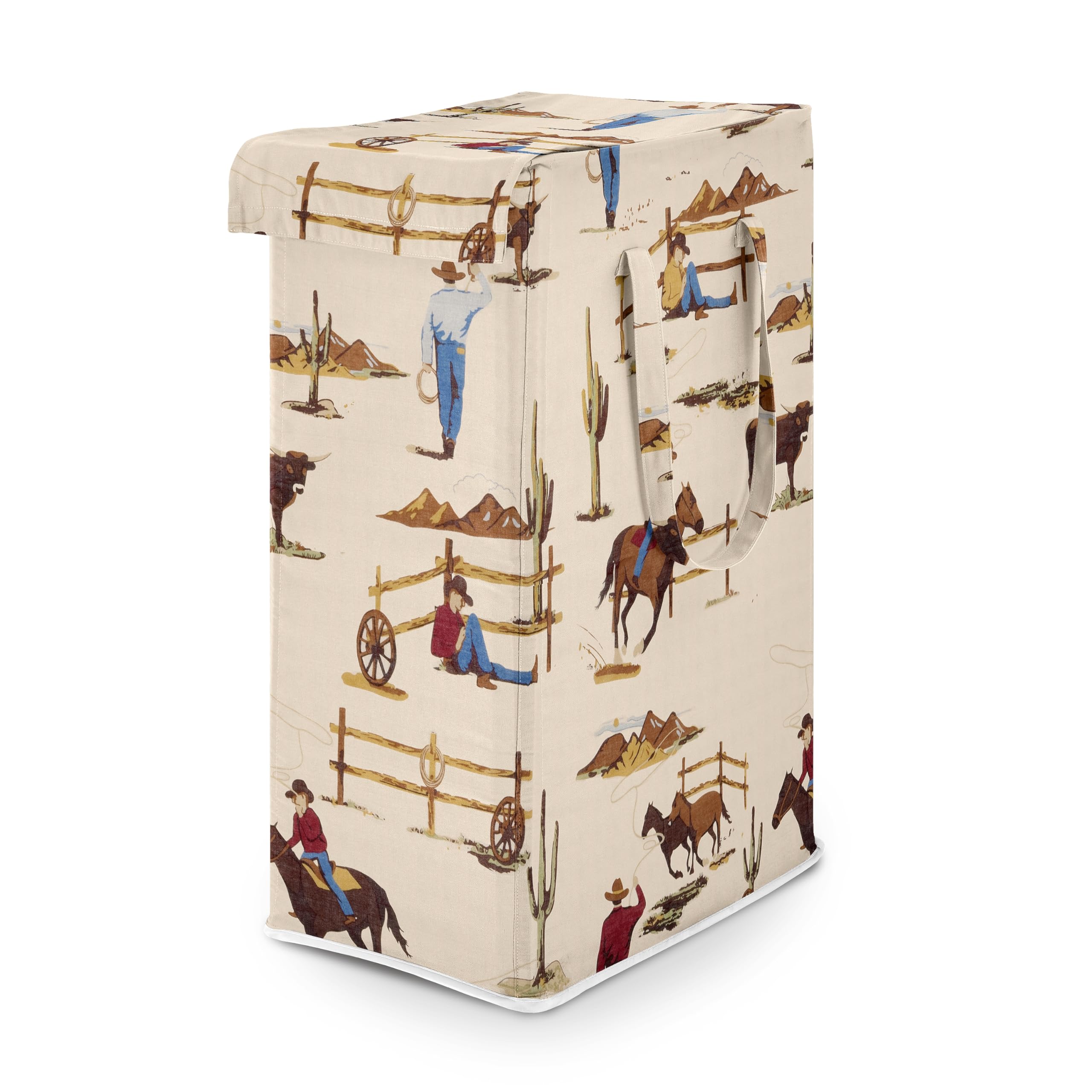 Sweet Jojo Designs Tan Brown Western Cowboy Boy Laundry Hamper Foldable Dirty Clothes Basket with Handles Baby Nursery Kid Bedroom Teen Bathroom Wild West Southern Country South Horse Steer Cow Animal