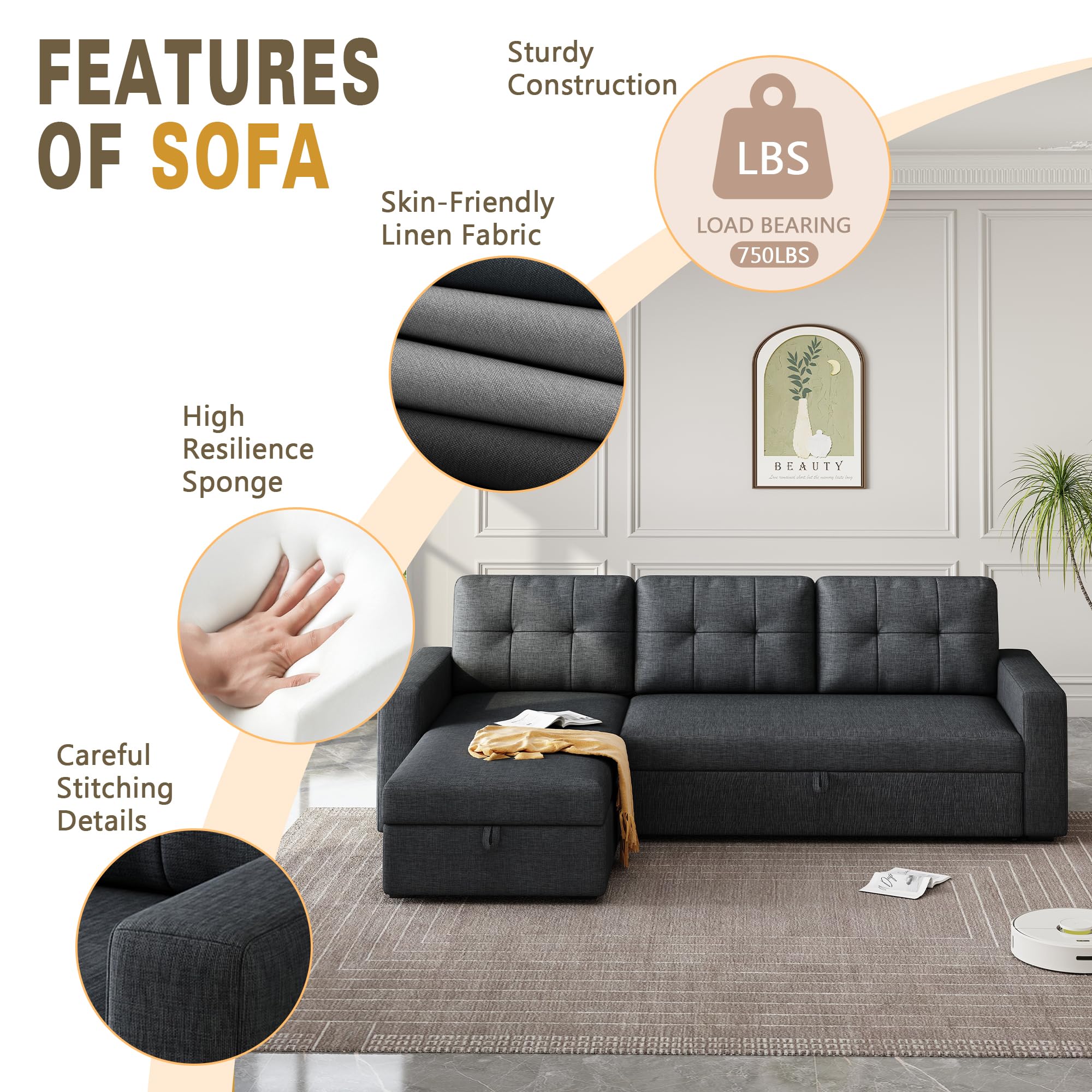 Jintop Sectional Sofa, 81.5", Dark Grey1