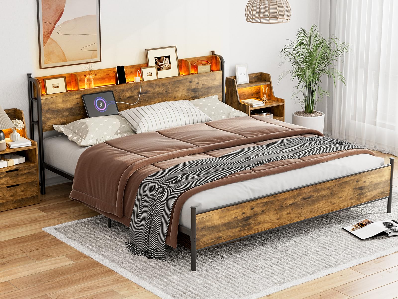 IKIFLY King Size Storage Headboard with Charging Station & LED Lights, Headboard for King Size Bed Frame, Industrial King Headboard Only with Storage for Bedroom, Attach Frame, Rustic Brown