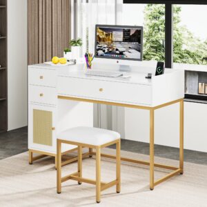 AWQM White Makeup Vanity Desk with Stools,Rattan Vanity Table Set with Power Outlet,Makeup Table Dressing Table with Drawers & Cabinet, Small Vanity Table for Bedroom with Storage,Without Mirror