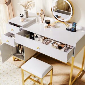 AWQM White Makeup Vanity Desk with Stools,Rattan Vanity Table Set with Power Outlet,Makeup Table Dressing Table with Drawers & Cabinet, Small Vanity Table for Bedroom with Storage,Without Mirror