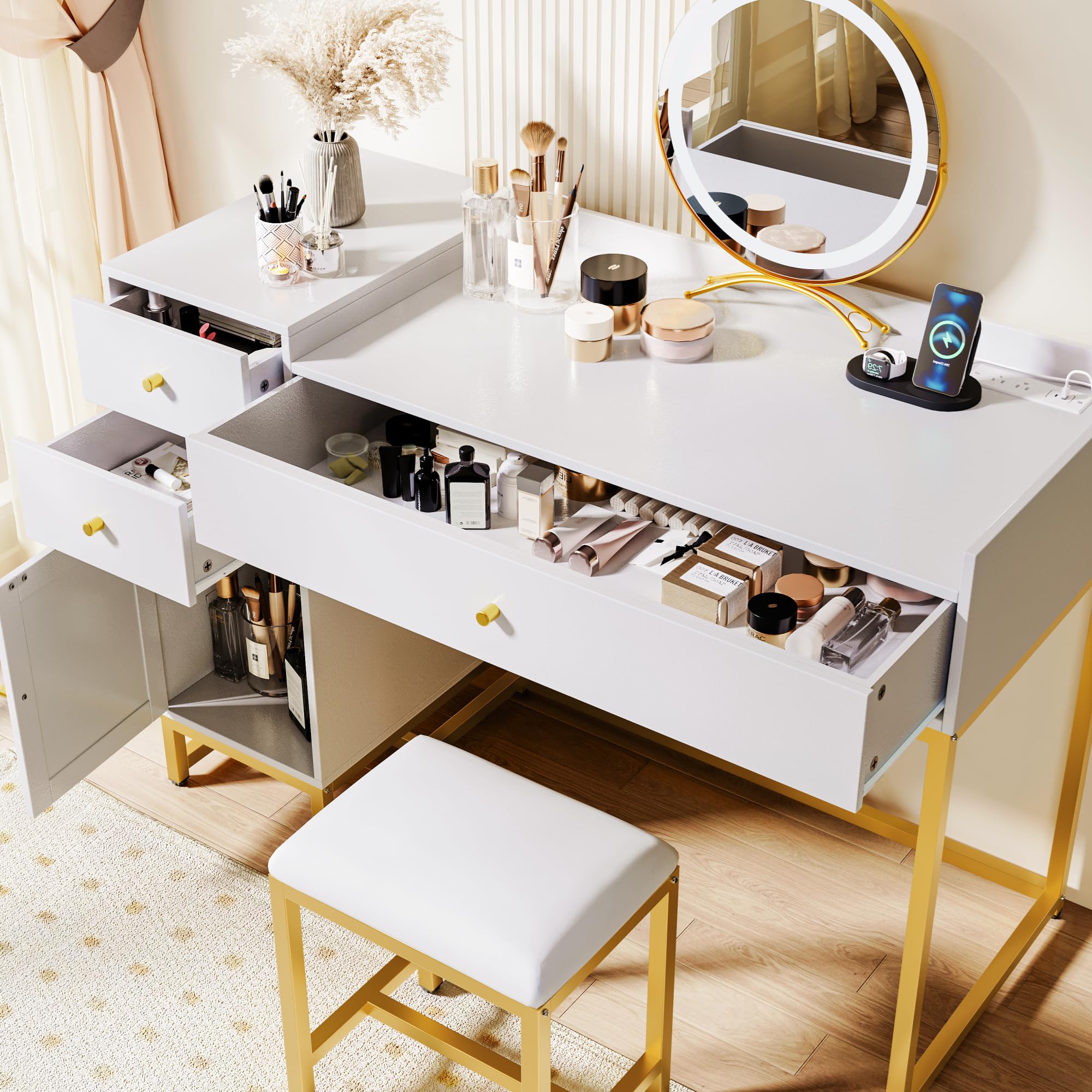 AWQM White Makeup Vanity Desk with Stools,Rattan Vanity Table Set with Power Outlet,Makeup Table Dressing Table with Drawers & Cabinet, Small Vanity Table for Bedroom with Storage,Without Mirror