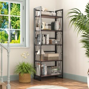 VECELO Folding Bookshelf, 5 Shelf Bookcase No Assembly, Industrial Metal Frame Shelves Rack Organizer for Living Room, Office,Walnut 1 Set