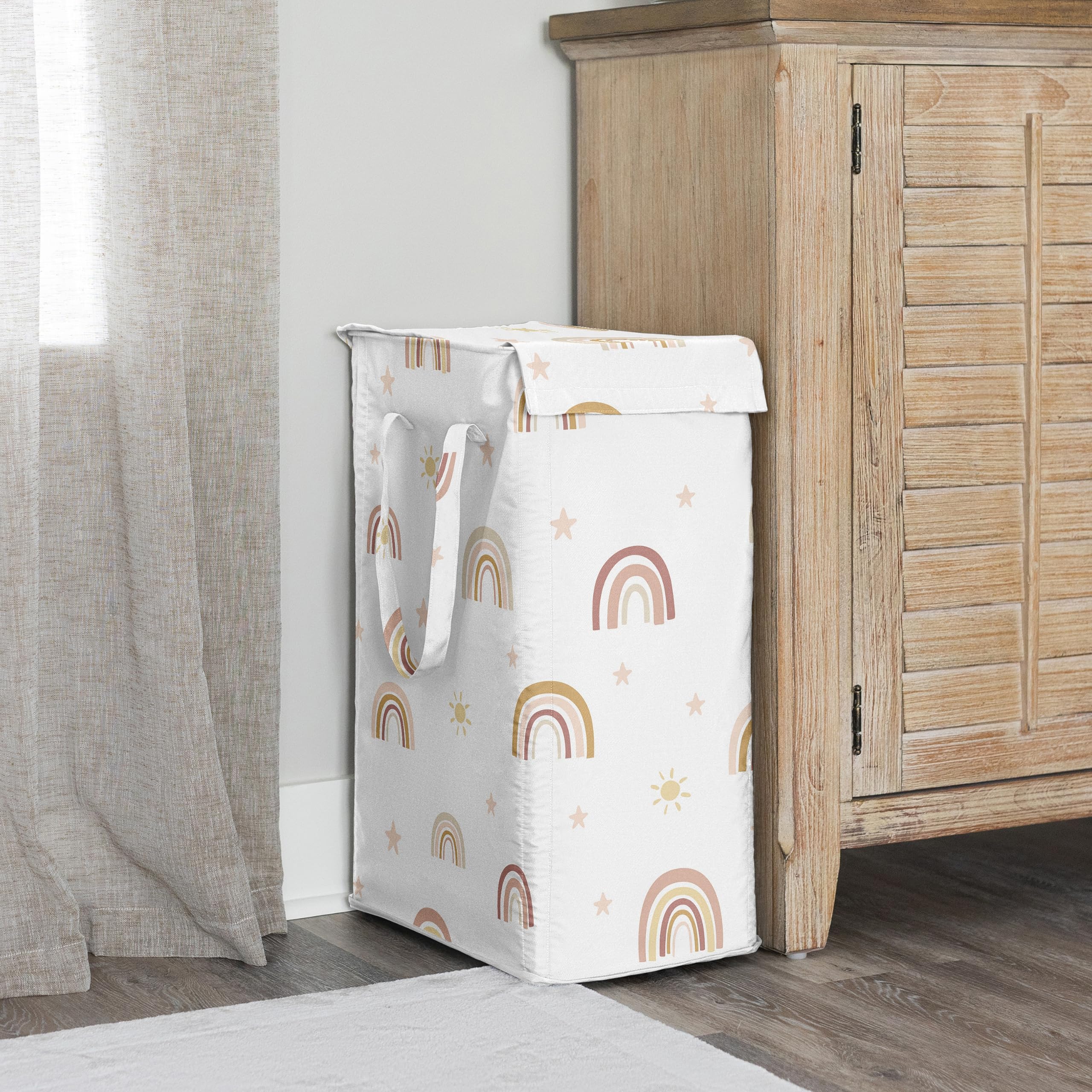 Sweet Jojo Designs Boho Rainbow Girl Laundry Hamper Foldable Dirty Clothes Basket with Handles Baby Nursery Kids Bedroom Teen Bathroom Blush Pink Yellow Bohemian Modern Neutral Vintage Gold Stars Sky