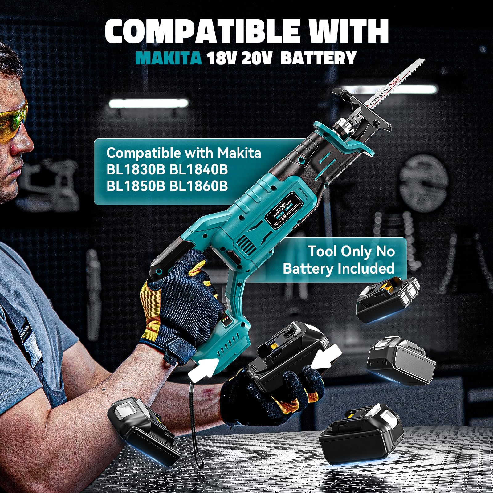 Cordless Reciprocating Saw for Makita 18V Battery,Cerycose Brushless Recipro Saw,Variable Speed 1" Stroke Length,3200 SPM,Toolless Blade Change, 4 Saw Blades for Metal/Wood/PVC Cutting Tool Only