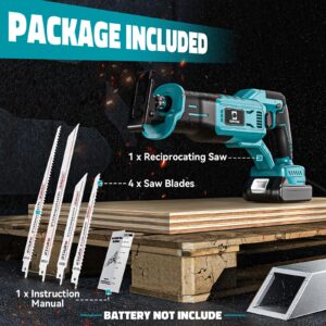 Cordless Reciprocating Saw for Makita 18V Battery,Cerycose Brushless Recipro Saw,Variable Speed 1" Stroke Length,3200 SPM,Toolless Blade Change, 4 Saw Blades for Metal/Wood/PVC Cutting Tool Only