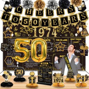 50th birthday decorations for men women,27pcs 1974 banner decorations,including 1974 banner,9 honeycomb topper,50 balloons,anniversary card,cheers to 50 years banner,7 hanging swirl,6 paper poms,sash