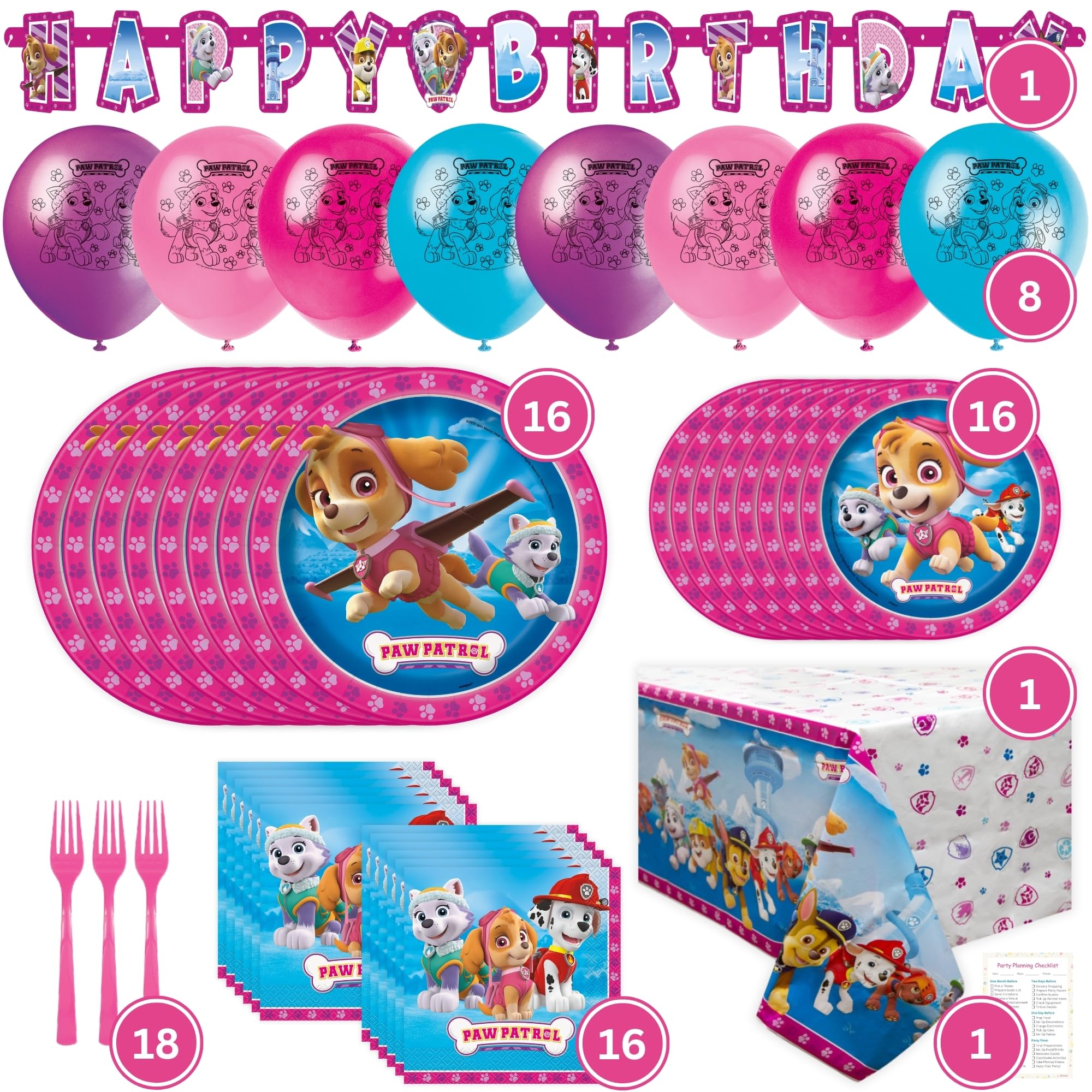 Skye Paw Patrol Birthday Decorations Girl Pack - 16 Guests - Paw Patrol Girl Plates and Napkins, Table Cover, Banner, Balloons, Checklist - Pink Skye Paw Patrol Party Supplies