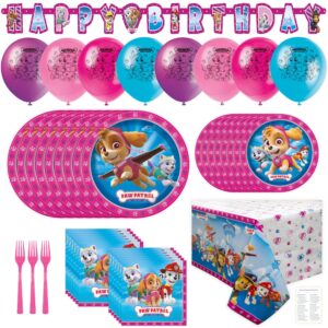 skye paw patrol birthday decorations girl pack - 16 guests - paw patrol girl plates and napkins, table cover, banner, balloons, checklist - pink skye paw patrol party supplies