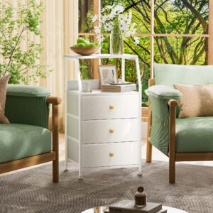 GipGiper White Nightstand with 3 Fabric Storage Drawers, Small Dresser for Bedroom, Entryway, Hallway, College Dorm Furniture Bedside End Table Table Closet Organizer