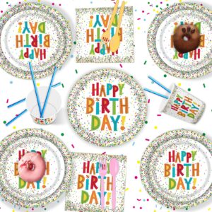 TeeFity 170 Pcs Confetti Birthday Party Tableware Set, Party Table Colorful Supplies Include Disposable Paper Plates, Napkins, Cups, Straws, Tablecloth, Banner and Forks Spoons for 24 Guests