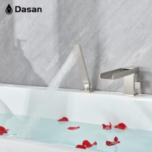 DASAN Roman Bathtub Faucet Set with Handheld Shower Sprayer 3-Hole Deck Mount Square Tub Filler Faucet Set, Brushed Nickel Waterfall Roman Tub Faucet with Valve Included, DA-TF09SWH-BN