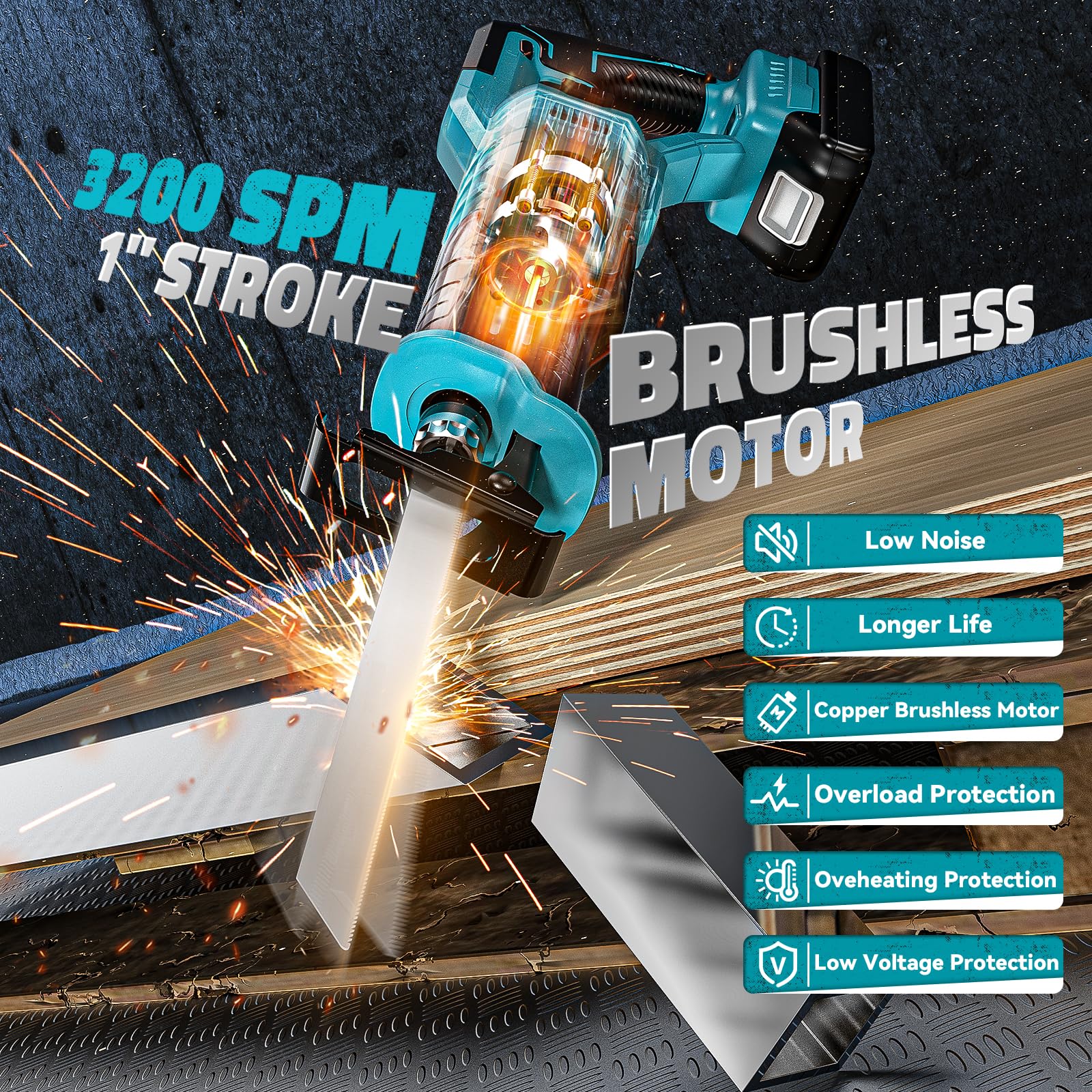 Cordless Reciprocating Saw for Makita 18V Battery,Cerycose Brushless Recipro Saw,Variable Speed 1" Stroke Length,3200 SPM,Toolless Blade Change, 4 Saw Blades for Metal/Wood/PVC Cutting Tool Only