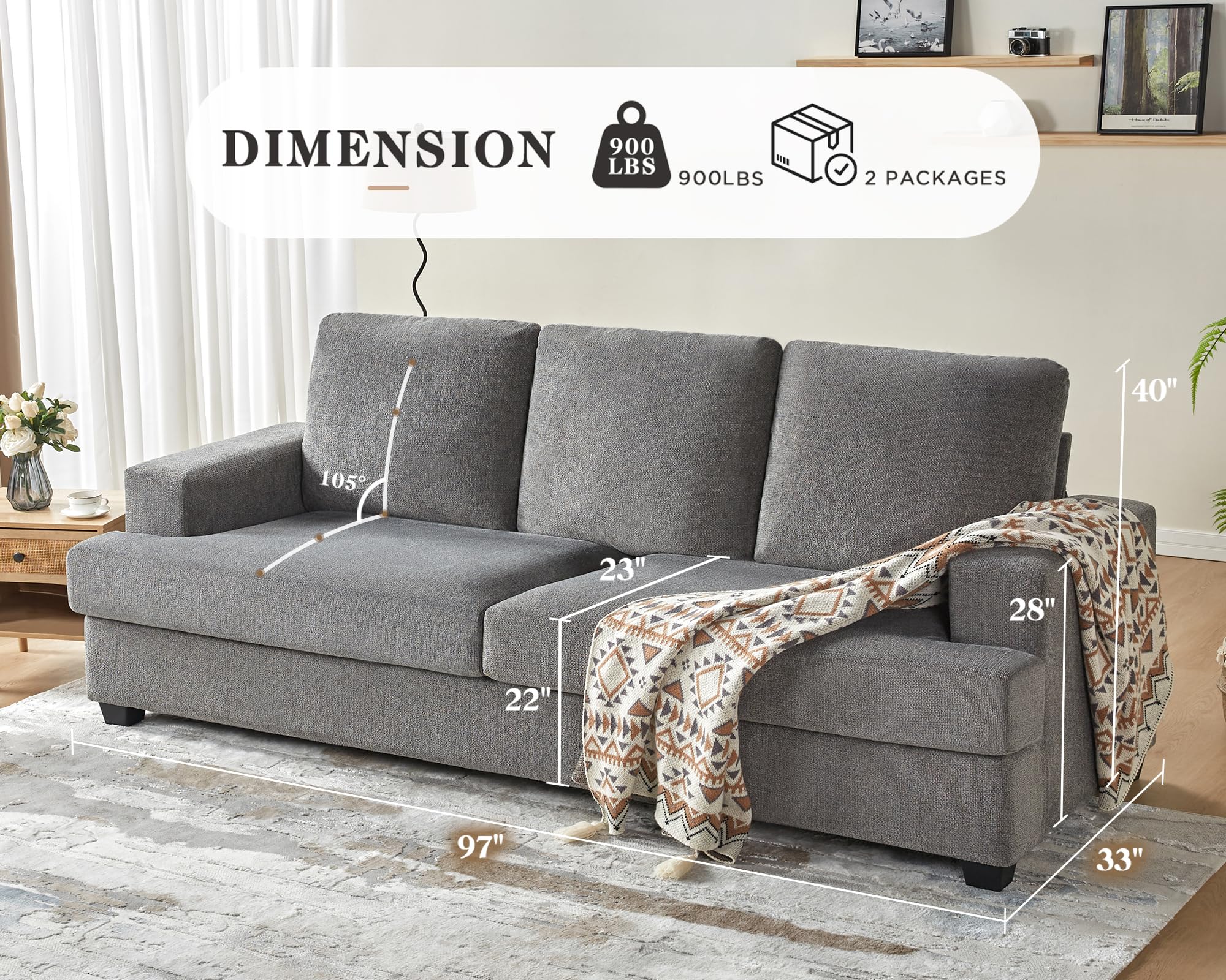 AMERLIFE 97 inch Sofa, Deep Seat Sofa-Contemporary Chenille Sofa Couch, 3 Seater Sofa for Living Room-Oversized Sofa, Grey Comfy Sofa