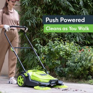 GreenSweep - Walk Behind Manual Push Floor Sweeper - 5 Gallon Capacity - Easy Storage - Outdoor Use - Additonal Heavy Duty Brush Set