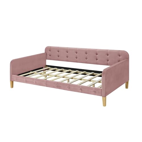 RORIGAT Twin Size Velvet Upholstered Dayed with Button Tufted Design and 4 Wood Support Legs,Twin Day Bed Frame,Easy to Assemble,Pink