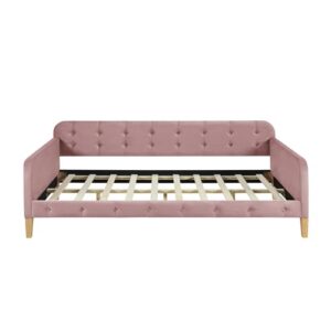 RORIGAT Twin Size Velvet Upholstered Dayed with Button Tufted Design and 4 Wood Support Legs,Twin Day Bed Frame,Easy to Assemble,Pink