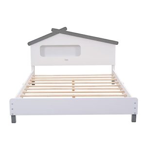 Full Size House Bed Frame for Kids,Full Size Kid Bed Frame with Headboard for Teens Girls Boys,Wood Bed with House-Shaped Headboard and Motion Activated Night Lights,No Box Spring Needed, White+Grey