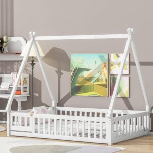 rorigat full size floor bed for kids,tent-shaped full teepee bed frame with fence guardrails,wood montessori floor bed with slats and door for girls boys bedroom,white