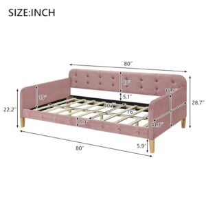 RORIGAT Twin Size Velvet Upholstered Dayed with Button Tufted Design and 4 Wood Support Legs,Twin Day Bed Frame,Easy to Assemble,Pink