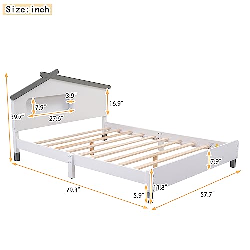 Full Size House Bed Frame for Kids,Full Size Kid Bed Frame with Headboard for Teens Girls Boys,Wood Bed with House-Shaped Headboard and Motion Activated Night Lights,No Box Spring Needed, White+Grey